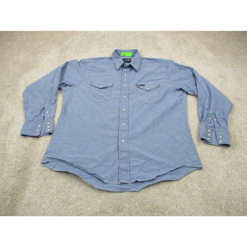 Wrangler Shirt Mens XL 17 35 Blue Chambray Pearl Snap Western Cowboy Long Sleeve